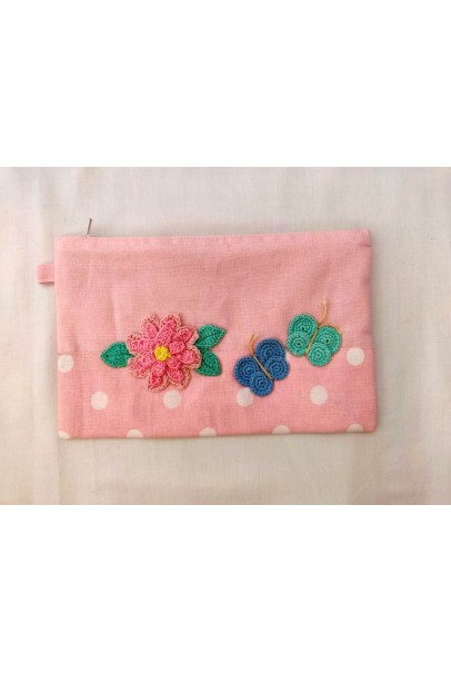 Happy Threads Pretty Cotton Storage Pouch with Butterfly Motifs (Light Pink)